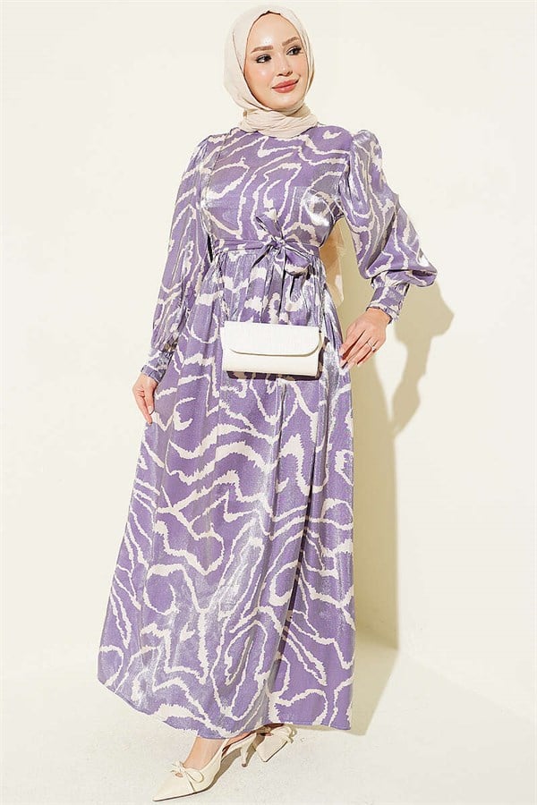 Jacquard Sleeve Pleated Dress Lilac