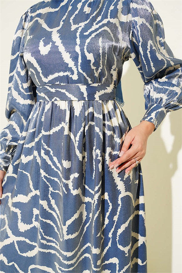 Jacquard Sleeve Pleated Dress Blue
