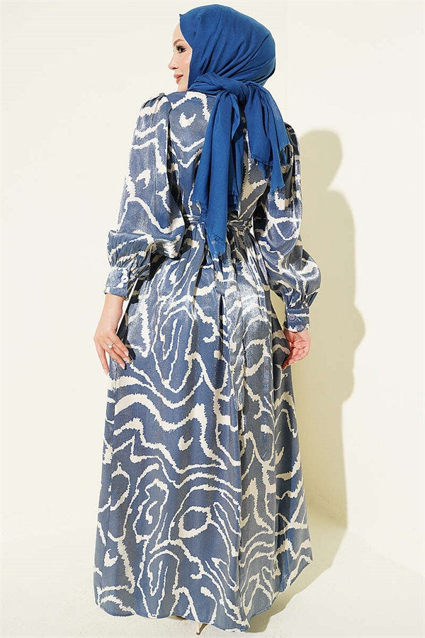 Jacquard Sleeve Pleated Dress Blue