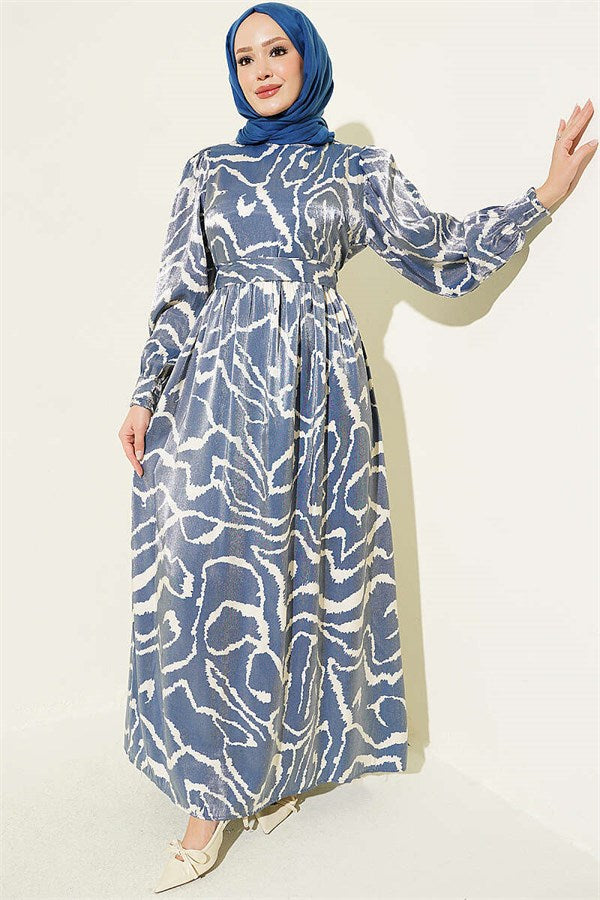 Jacquard Sleeve Pleated Dress Blue