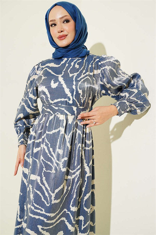 Jacquard Sleeve Pleated Dress Blue