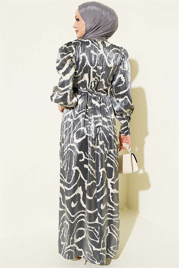 Jacquard Sleeve Pleated Dress Black