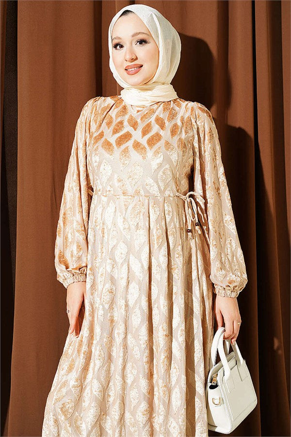 Jacquard Pleated Detail Dress Beige
