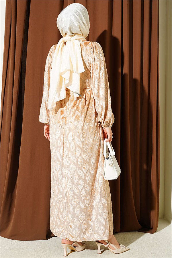 Jacquard Pleated Detail Dress Beige