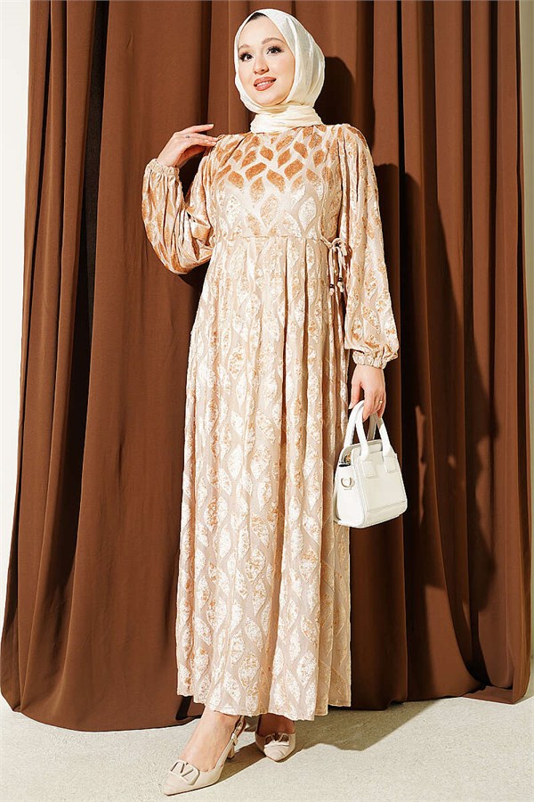 Jacquard Pleated Detail Dress Beige