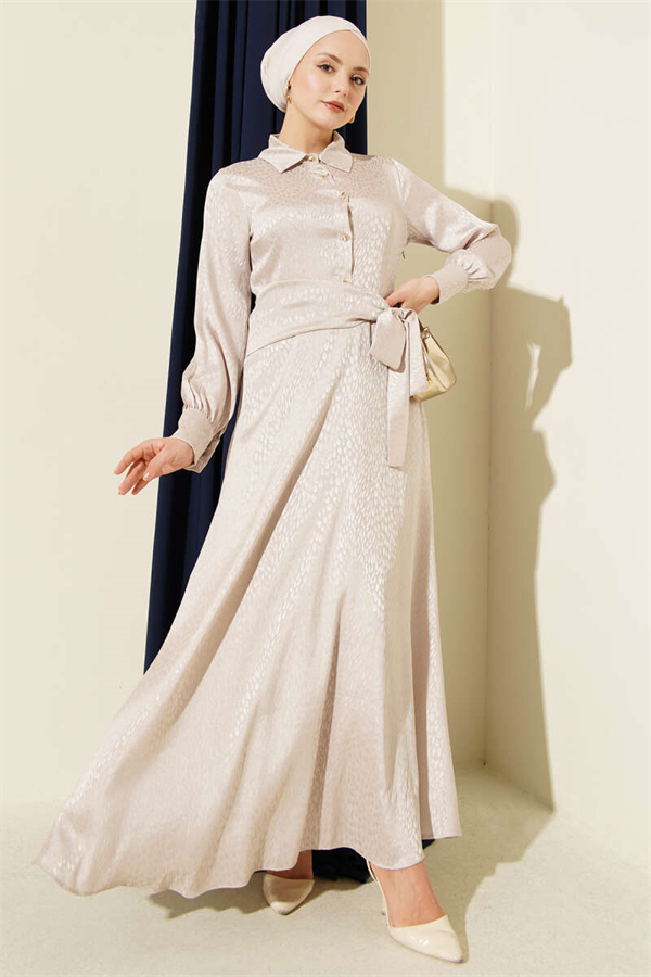 Jacquard Side-Tie Evening Dress, Beige