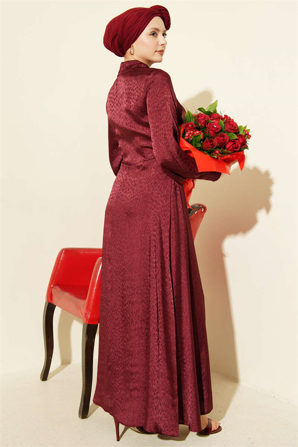 Jacquard Side-Tie Evening Dress Burgundy