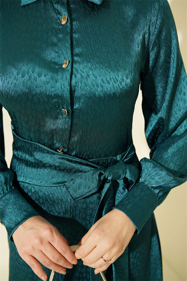 Jacquard Side-Tie Evening Dress in Petrol