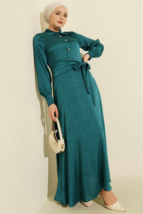 Jacquard Side-Tie Evening Dress in Petrol