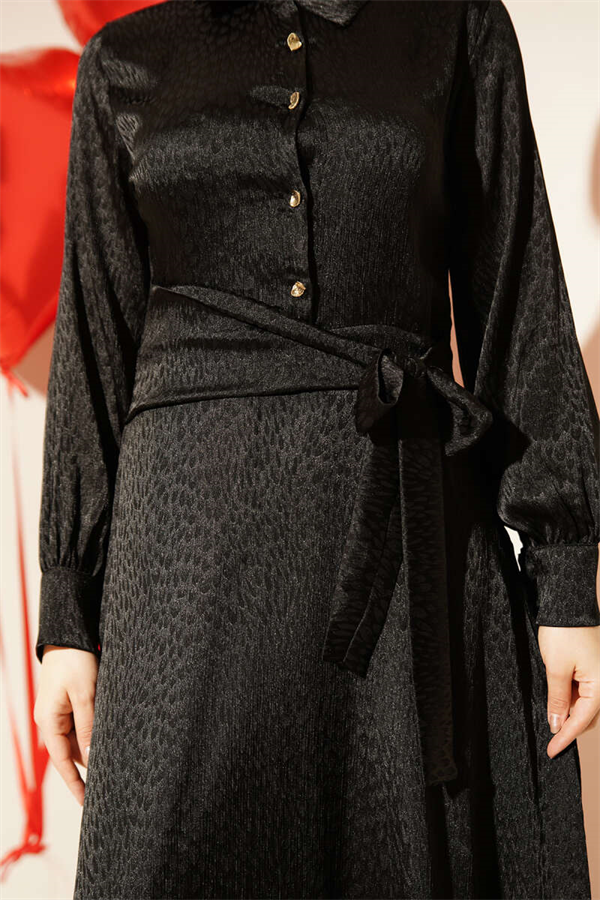 Jacquard Side-Tie Evening Dress, Black