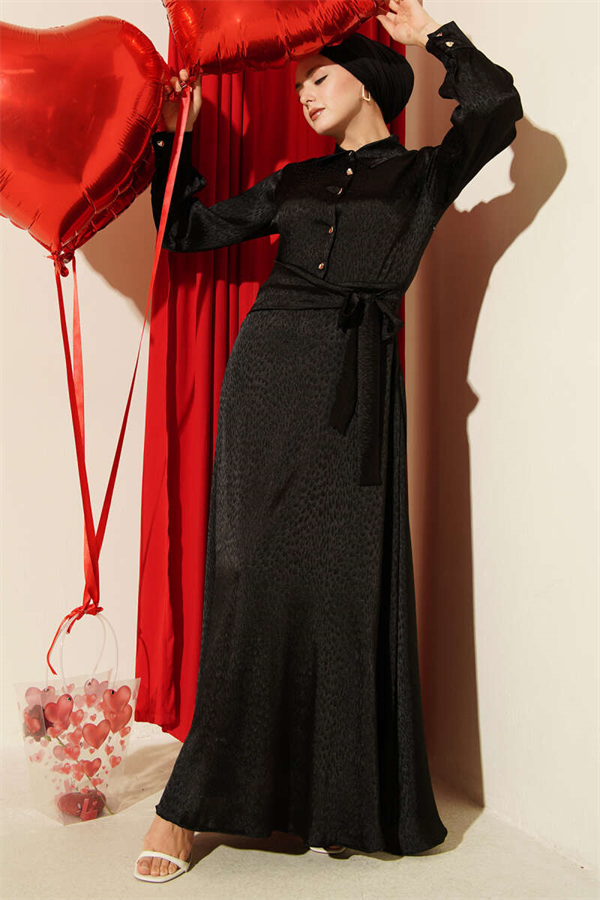 Jacquard Side-Tie Evening Dress, Black