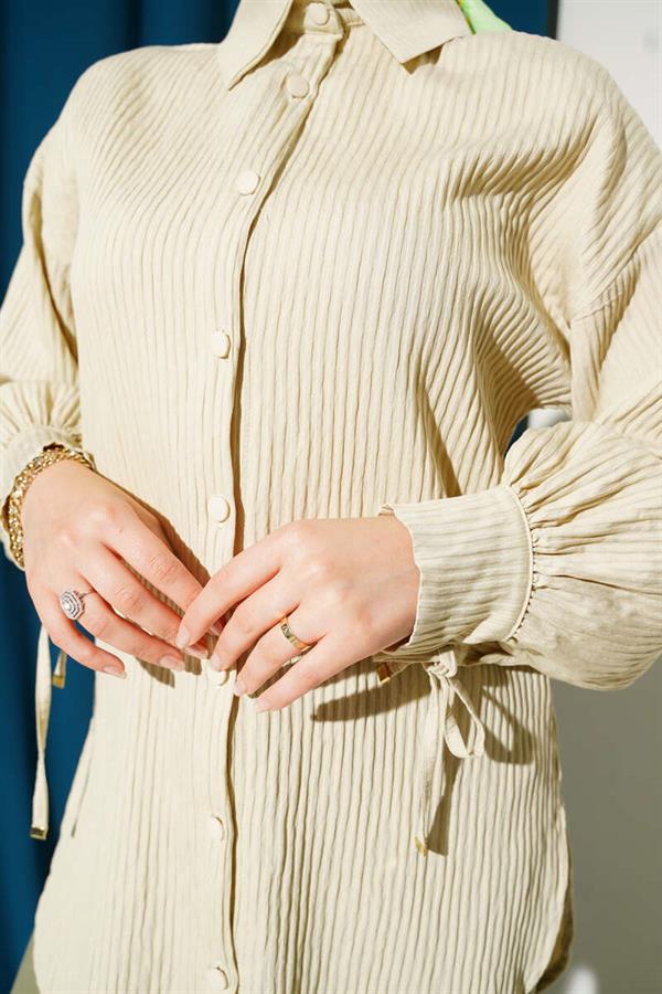 Embossed Striped Ankle String Shirt Beige