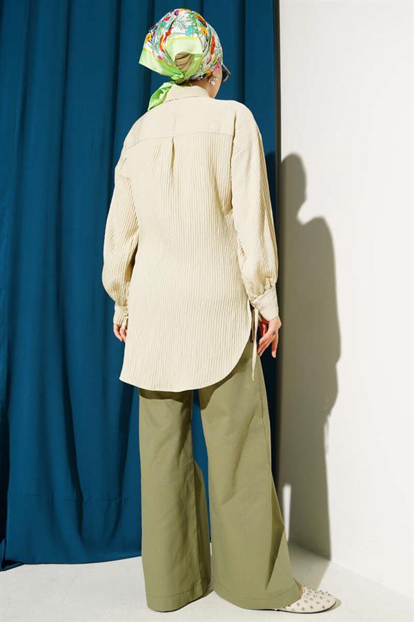 Embossed Striped Ankle String Shirt Beige