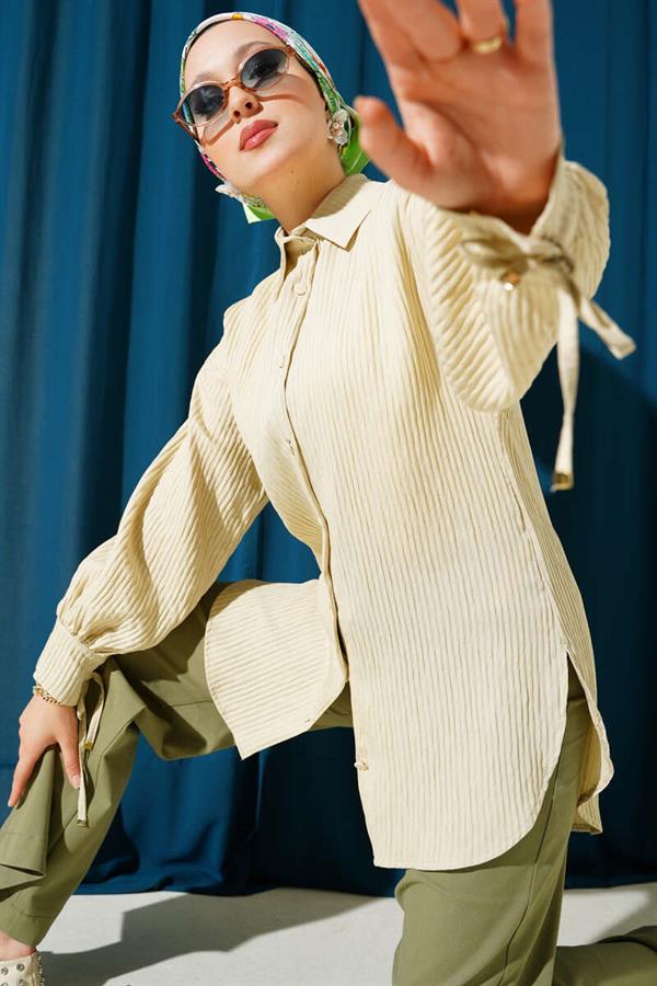 Embossed Striped Ankle String Shirt Beige