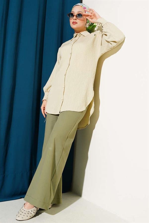 Embossed Striped Ankle String Shirt Beige