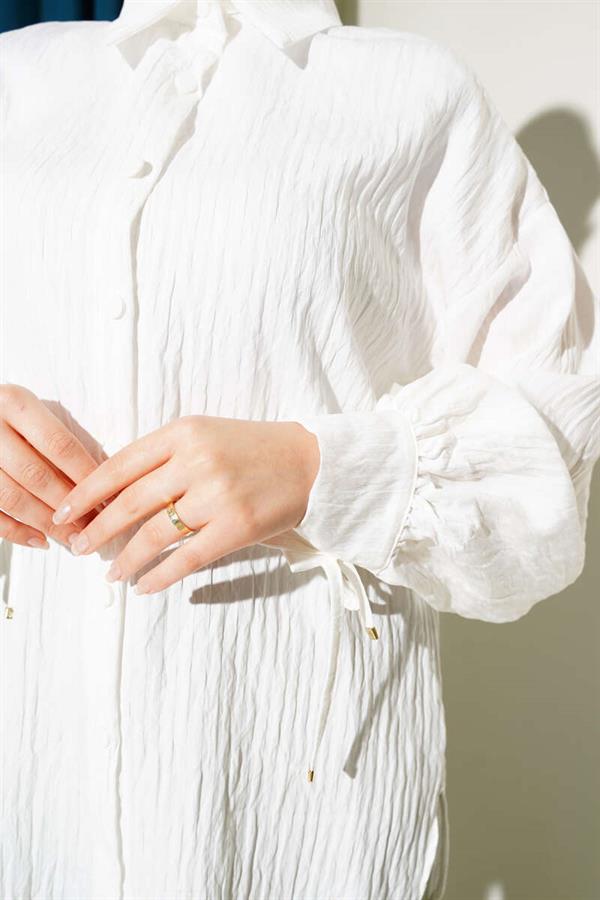 Embossed Striped Ankle String Shirt White