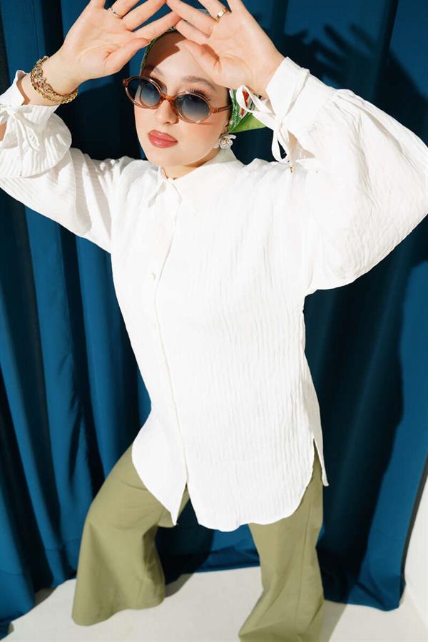 Embossed Striped Ankle String Shirt White