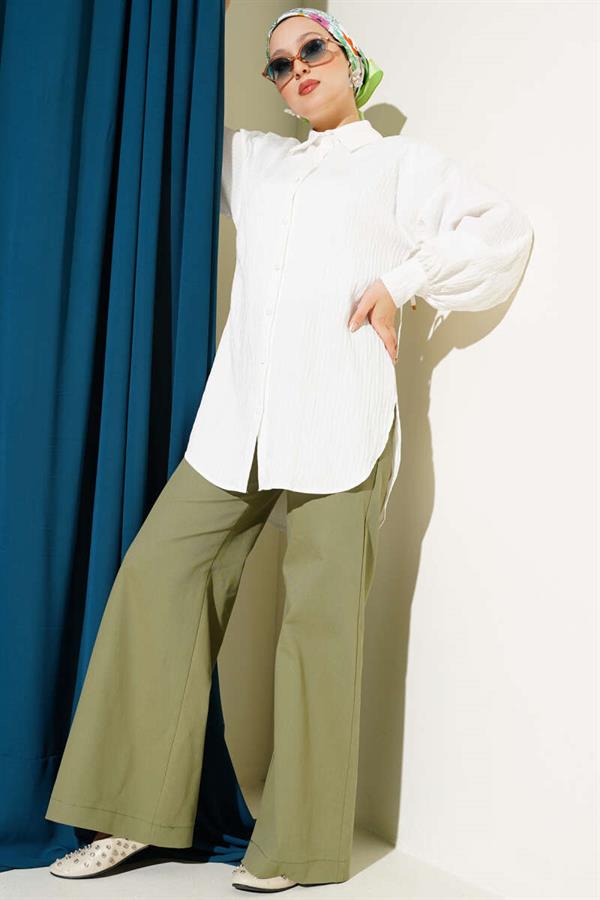 Embossed Striped Ankle String Shirt White