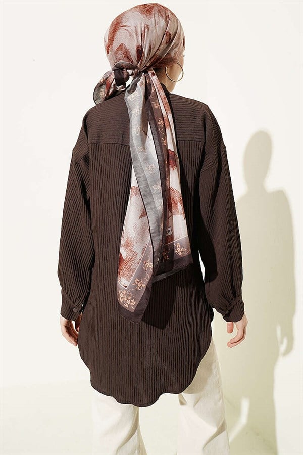 Embossed Striped Drawstring Shirt, Brown