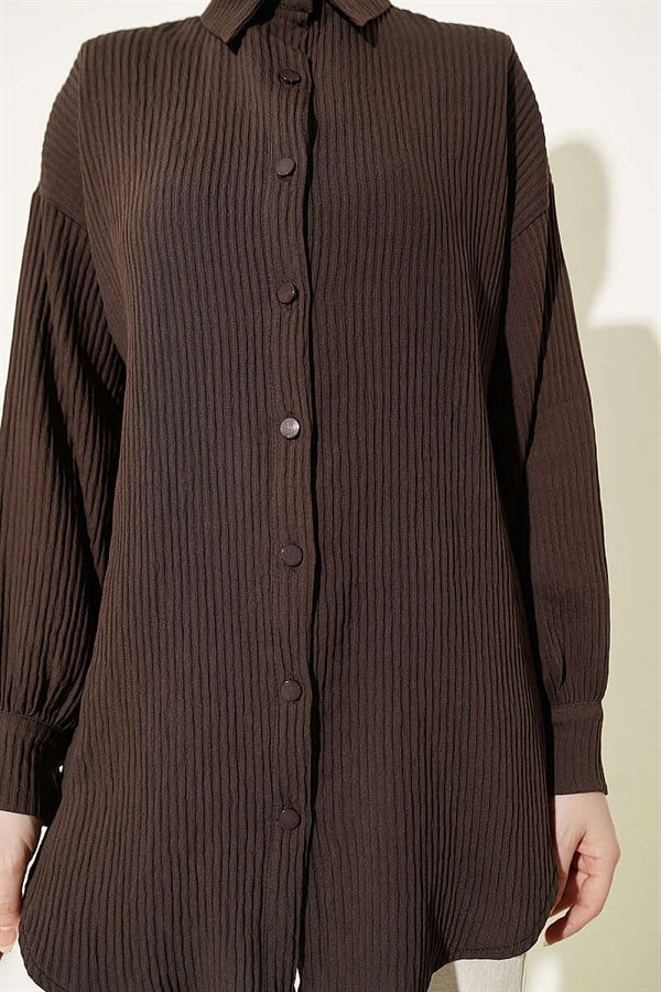 Embossed Striped Drawstring Shirt, Brown