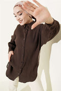 Embossed Striped Drawstring Shirt, Brown