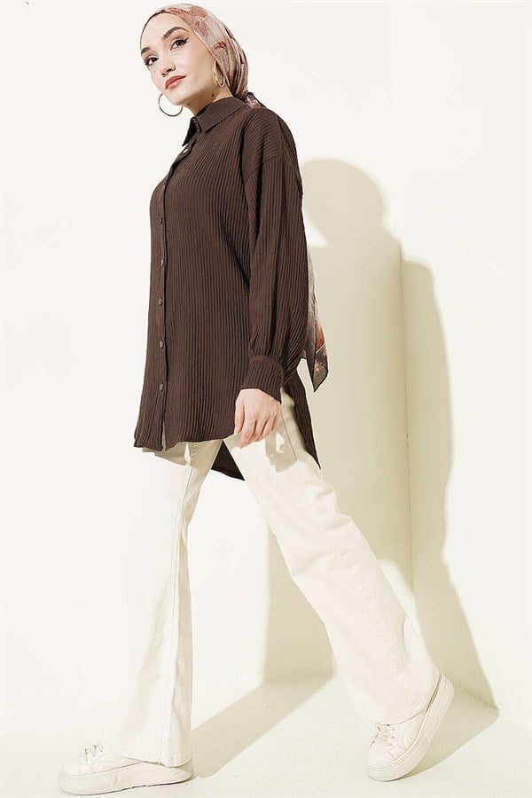 Embossed Striped Drawstring Shirt, Brown