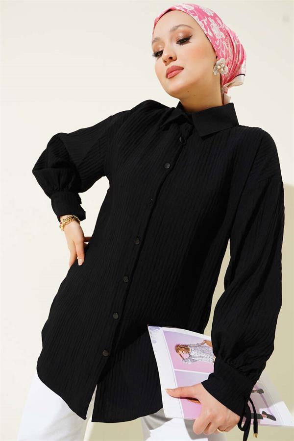 Embossed Striped Ankle String Shirt Black