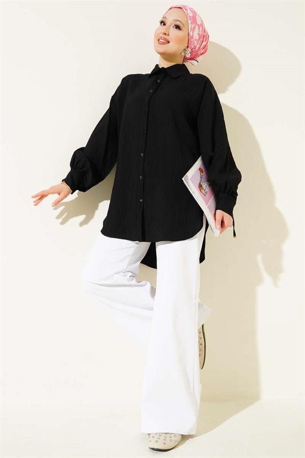 Embossed Striped Ankle String Shirt Black