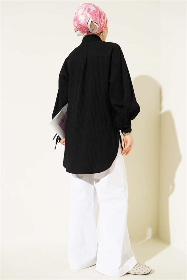 Embossed Striped Ankle String Shirt Black