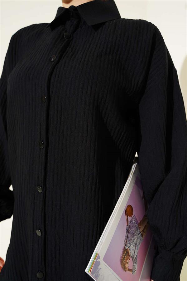 Embossed Striped Ankle String Shirt Black