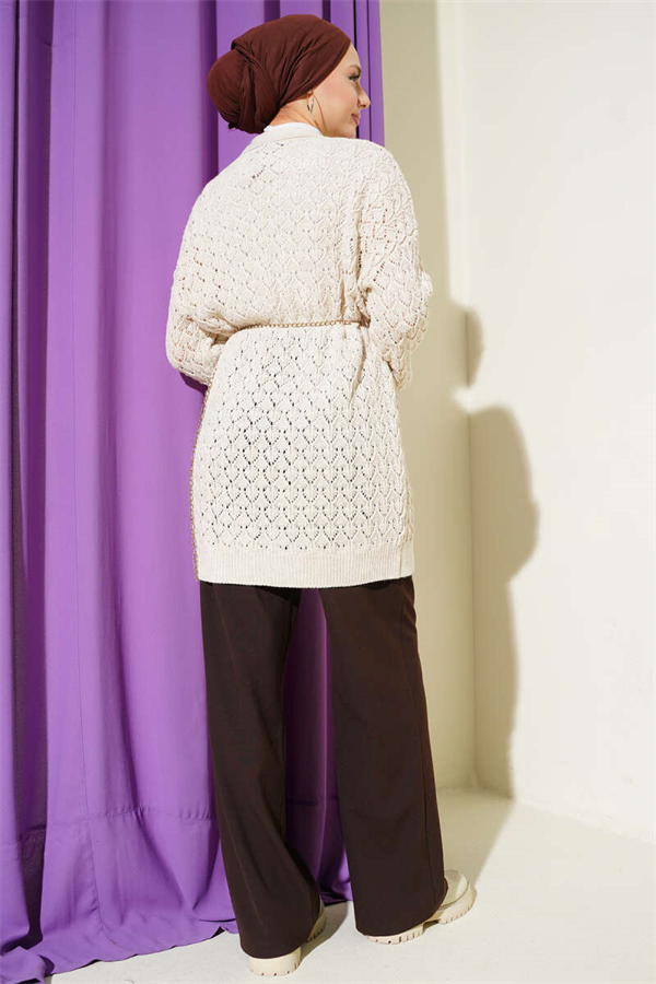 Embossed Pattern Mid-Length Knit Cardigan, Beige