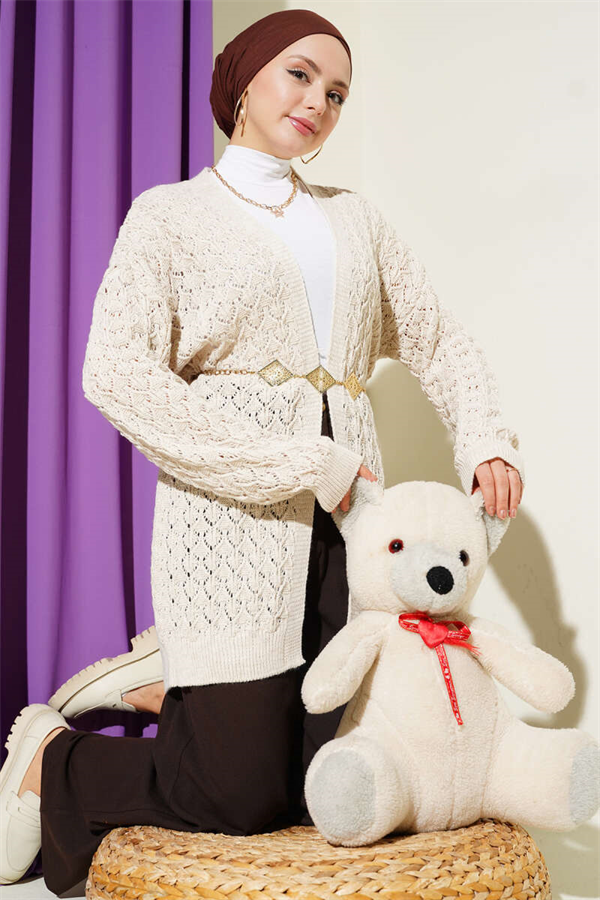 Embossed Pattern Mid-Length Knit Cardigan, Beige