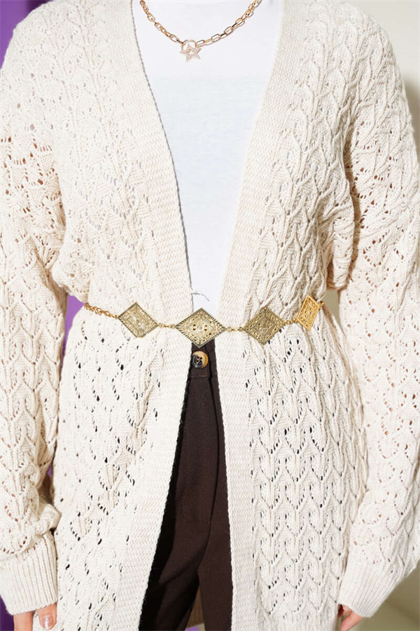 Embossed Pattern Mid-Length Knit Cardigan, Beige