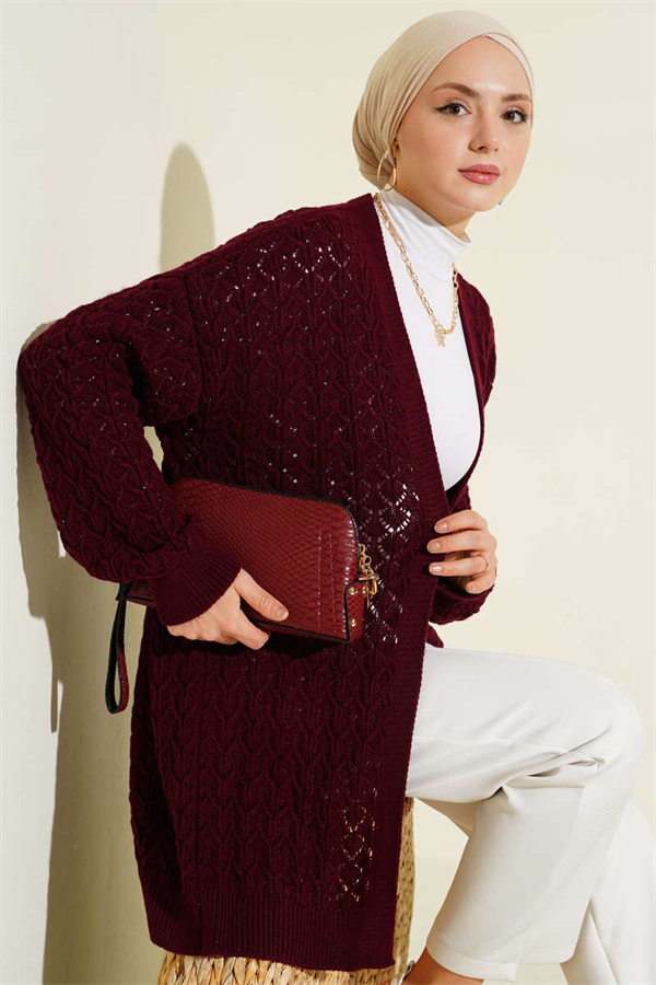 Embossed Pattern Mid-Length Knit Cardigan, Burgundy
