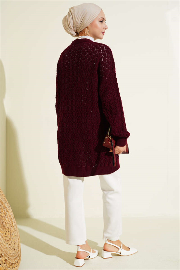 Embossed Pattern Mid-Length Knit Cardigan, Burgundy