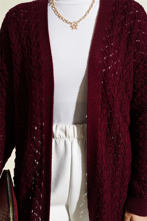 Embossed Pattern Mid-Length Knit Cardigan, Burgundy