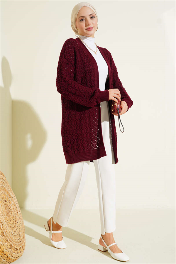 Embossed Pattern Mid-Length Knit Cardigan, Burgundy
