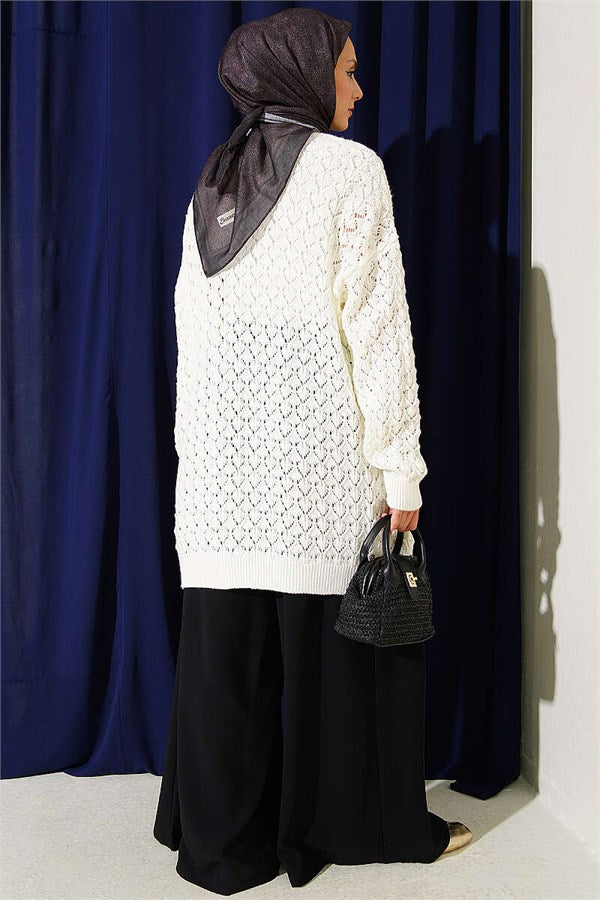 Embossed Pattern Mid-Length Knit Cardigan, Ecru