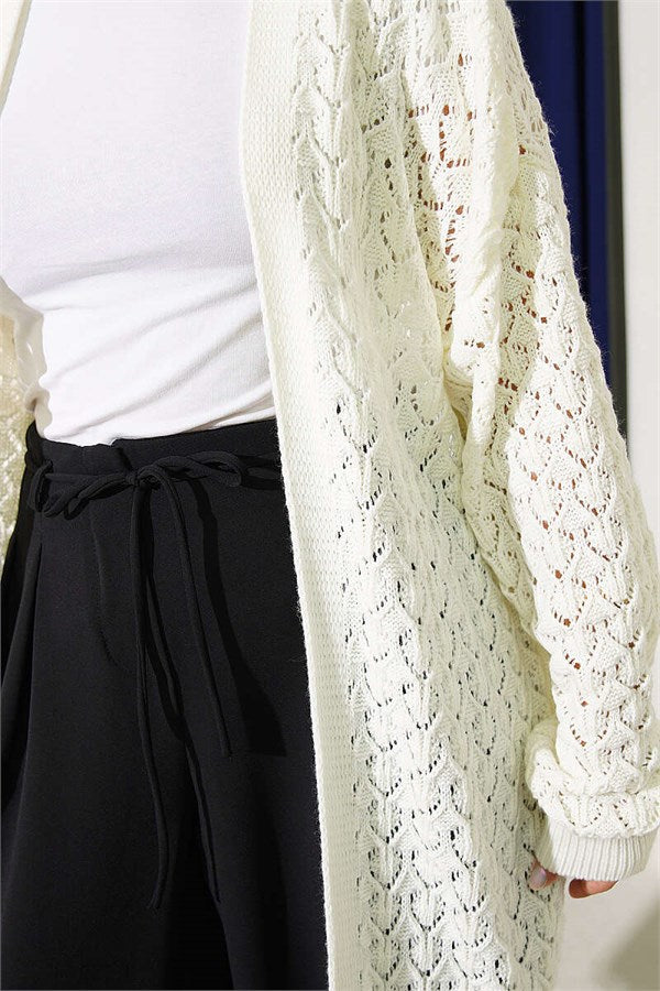 Embossed Pattern Mid-Length Knit Cardigan, Ecru