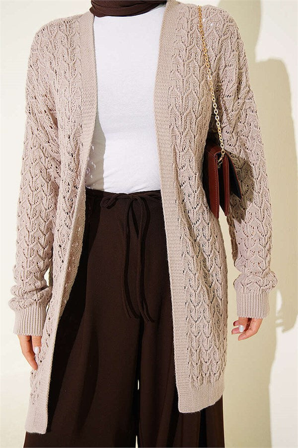 Embossed Pattern Mid-Length Knit Cardigan, Mink