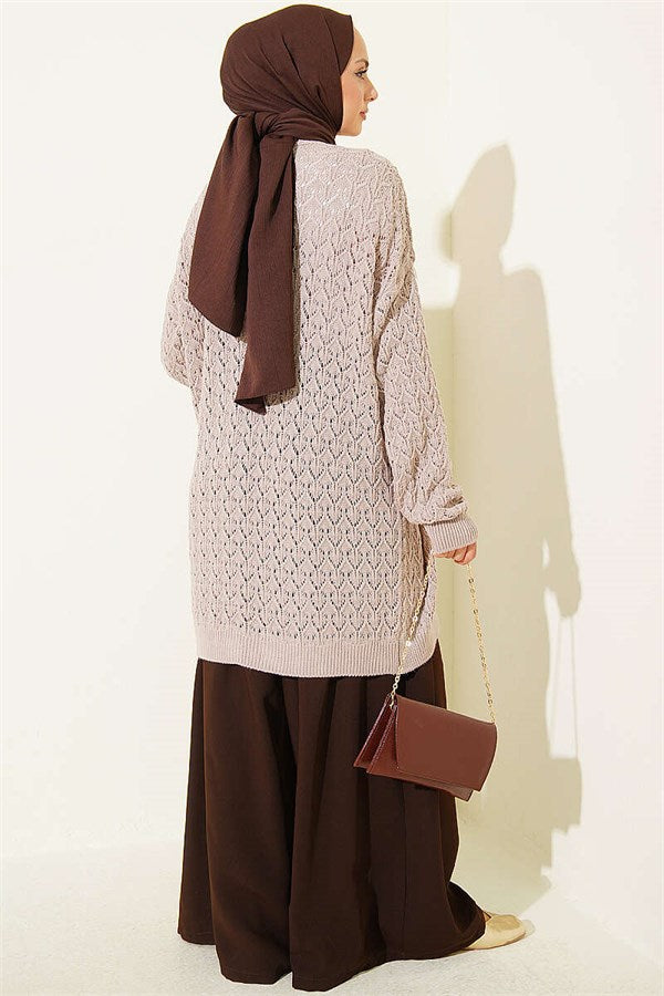 Embossed Pattern Mid-Length Knit Cardigan, Mink