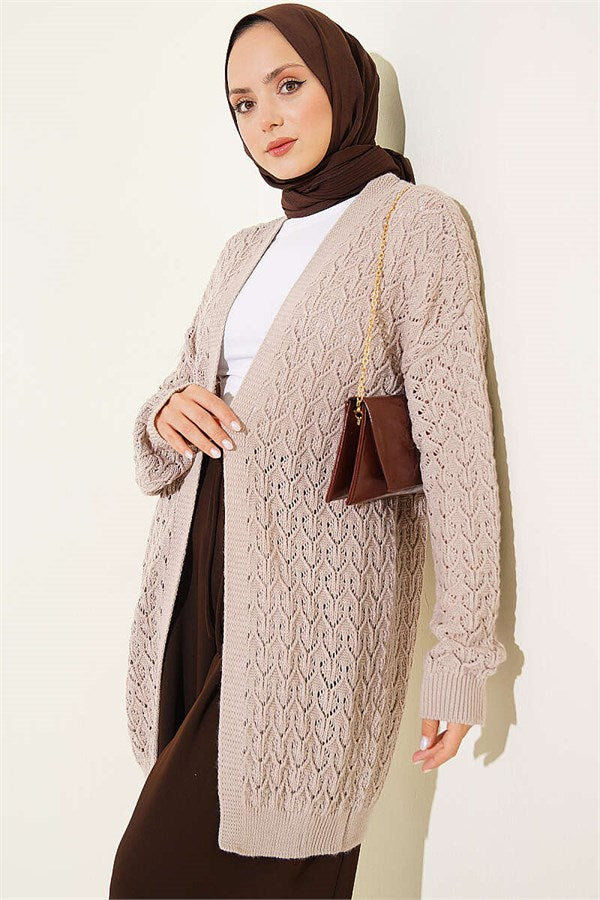 Embossed Pattern Mid-Length Knit Cardigan, Mink