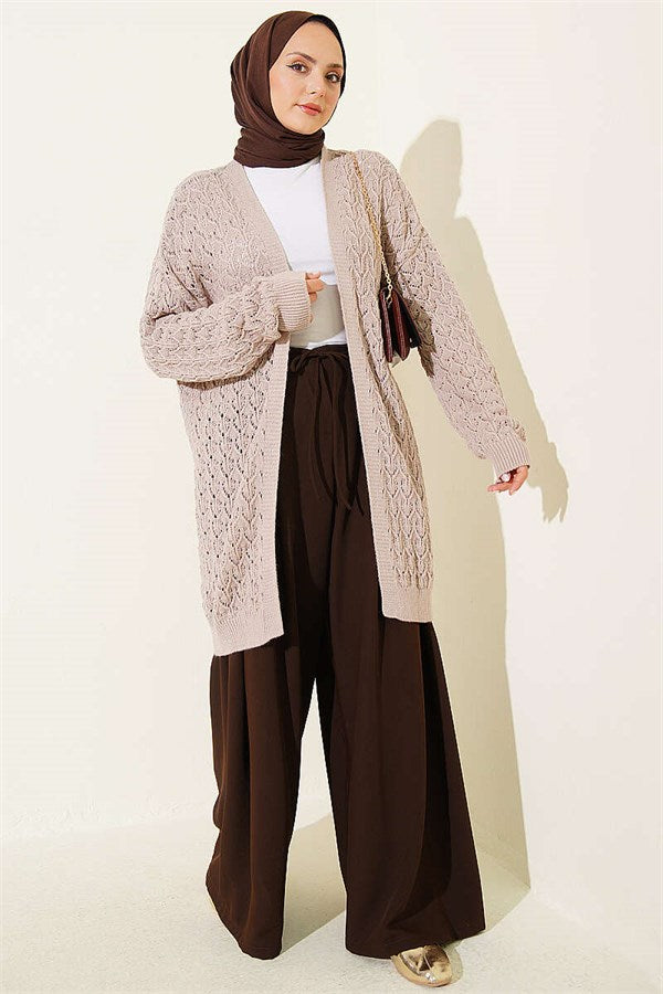 Embossed Pattern Mid-Length Knit Cardigan, Mink