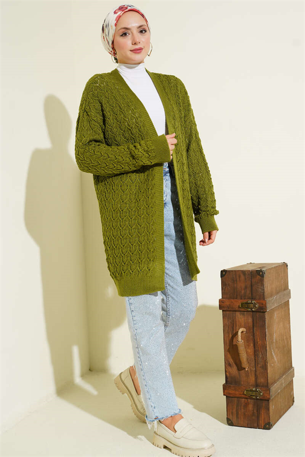 Embossed Pattern Mid-Length Knit Cardigan Green