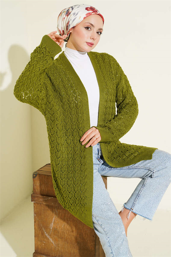 Embossed Pattern Mid-Length Knit Cardigan Green