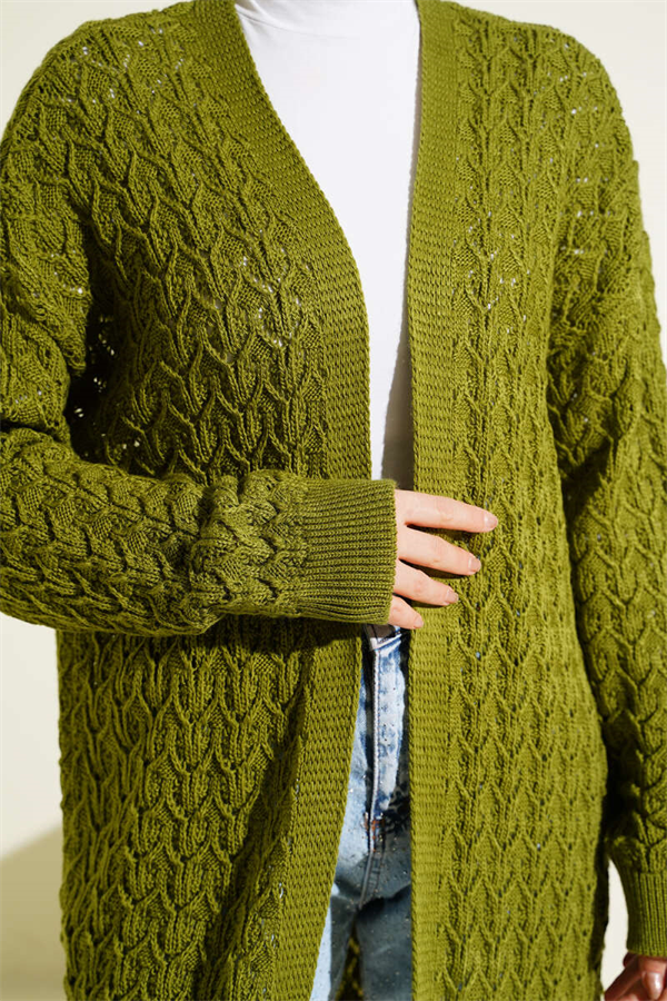 Embossed Pattern Mid-Length Knit Cardigan Green