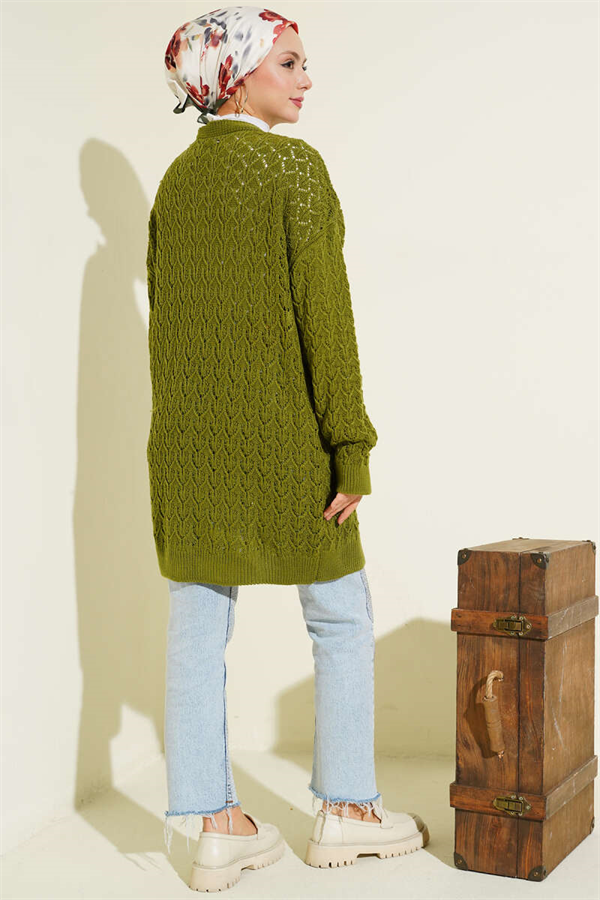 Embossed Pattern Mid-Length Knit Cardigan Green