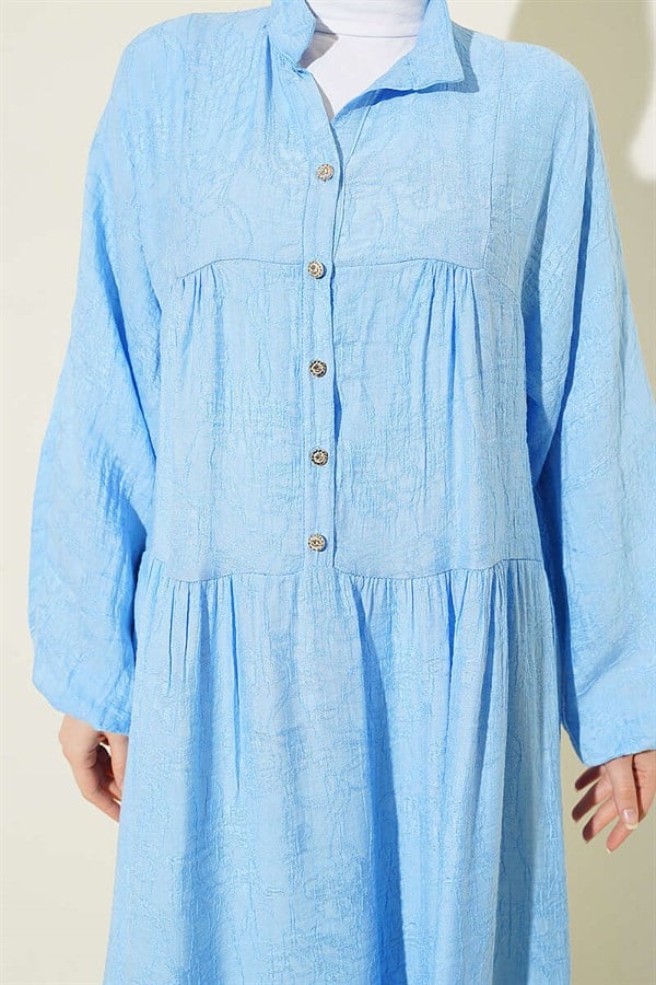 Embossed Pattern Buttoned Layered Dress Baby Blue