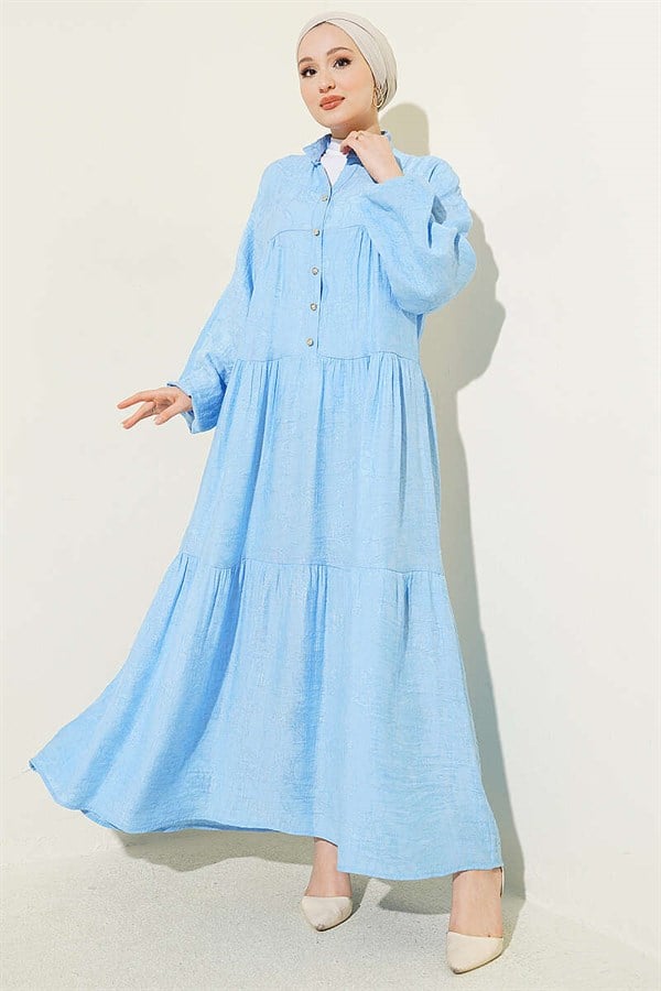 Embossed Pattern Buttoned Layered Dress Baby Blue