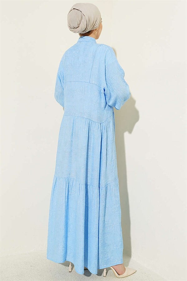 Embossed Pattern Buttoned Layered Dress Baby Blue